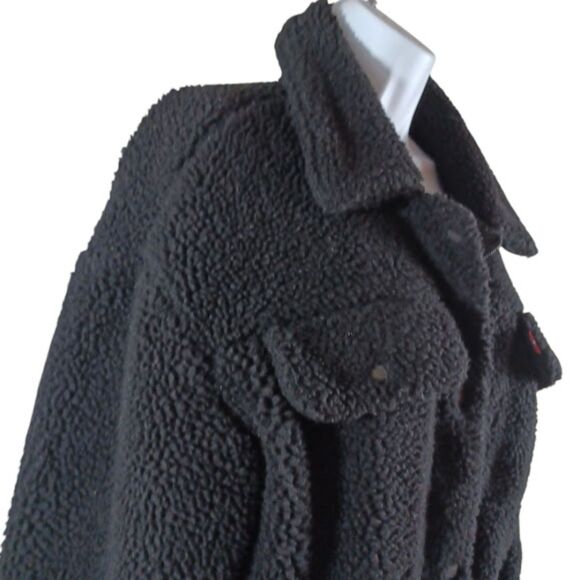 Levi’s Black Sherpa Fleece Teddy Jacket Sz L Full Zip Snap Faux Fur Lined Coat - Picture 4 of 11
